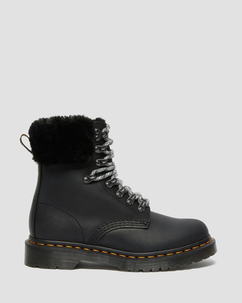 Black Women's Dr Martens 1460 Serena Collar Faux Fur Lined Lace Up Boots | CA 199CTV